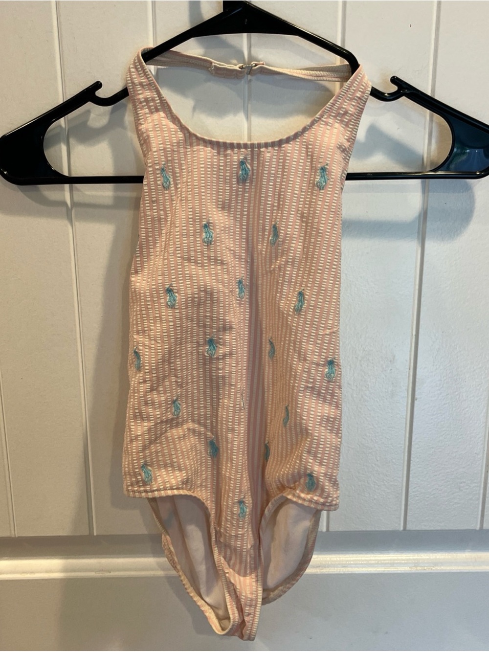 Ralph Lauren Pink One-Piece Swimsuit with Teal Embroidered Pony Logo Size 7 EUC